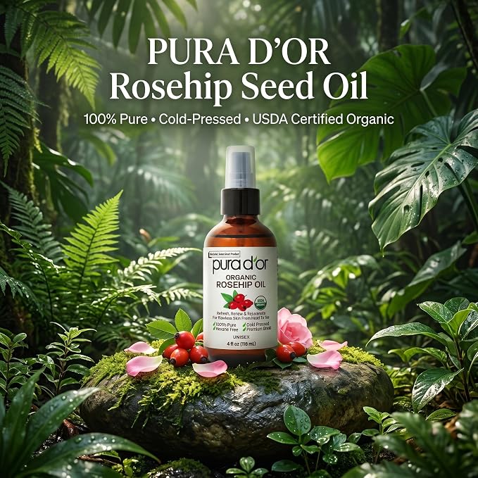 PURA D'OR ORGANIC Rosehip Seed Oil 100% Pure Cold Pressed USDA Certified For Hair, Skin, Scalp, Anti Aging Face & Body - Hexane Free Glass Bottle - 4 Oz - Hair Regrowth Tonic