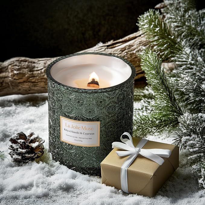 LA JOLIE MUSE Hinoki & Cypress Scented Candle for Home | Pine & Cedarwood | Christmas Winter Holiday | 19 oz Non Toxic Natural Soy | Large Green Jar Candle | Luxury Gifts for Women & Men | Wood Wick