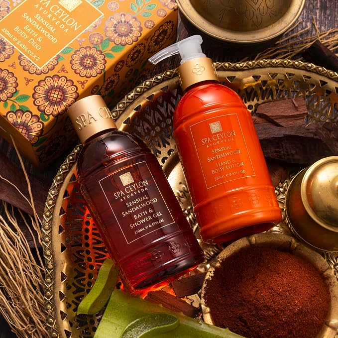 Spa Ceylon Sensual Sandalwood Bath & Body Duo Set | Luxury Sandalwood & Vetiver Body Wash & Lotion Set | Organic & Natural | 250ml x 2