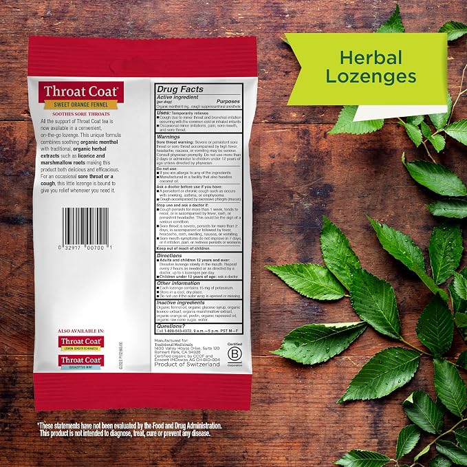 Traditional Medicinals Organic, Throat Coat Lozenges, Sweet Orange Fennel with Menthol - Herbal Cough Drops, Helps Soothe Sore Throat & Relieve Cough - Non-GMO, Stimulant-Free - 16 Count