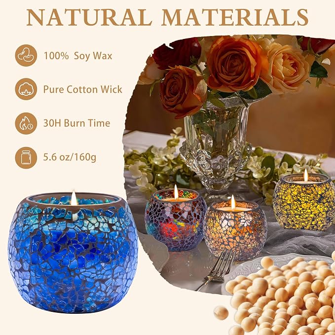 Mosaic Glass Scented Candles, Stress Relief Aromatherapy Candle for Home Scented, Vanilla Lavender Rose Coffee Soy Candles Gift Set for Women Birthday Friendship Relaxing Massage Yoga Bath SPA, 4 Pack