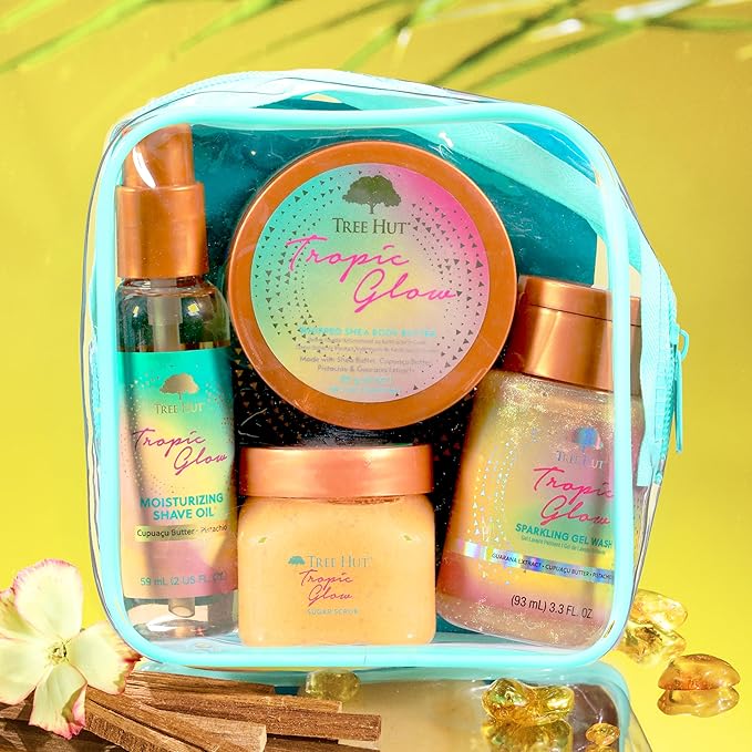 Tree Hut Tropic Glow Everything Shower Gift Set for Women, Exfoliating Body Scrub, Body Wash, Shave Oil & Body Butter, Self Care Gift Set, Hydrating & Moisturizing with Shea Butter, Travel Size