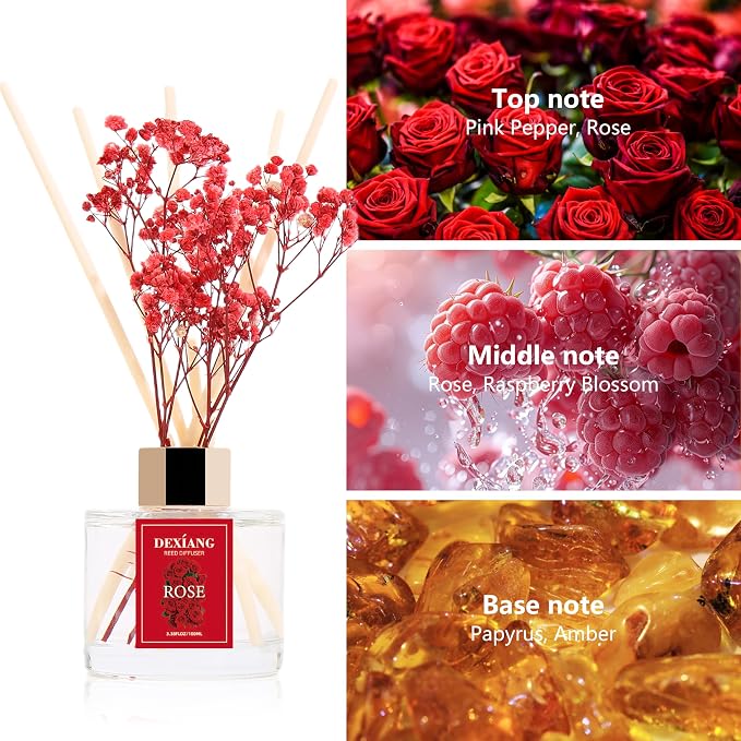 Reed Diffuser Set - 3.38 fl oz Rose Premium Scented Oil with Preserved Baby's Breath & Cotton 6 Sticks | Long-Lasting Aromatherapy for Home, Bedroom, Bathroom, Office Home Decor
