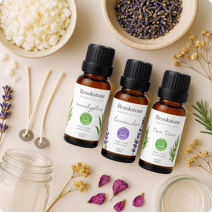 Brookstone Essential Oil Herbal Collection – 100% Pure Steam Distilled Therapeutic Grade Essential Oil Set for Aromatherapy Diffuser & Topical Use, Eucalyptus, Lavender, Tea Tree | 3-Pack 10ml Bottles