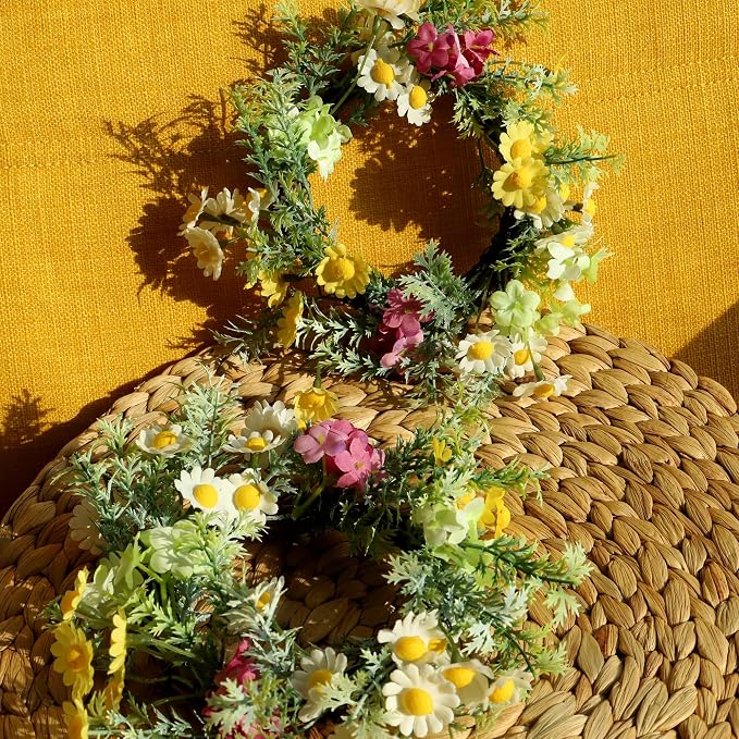 Daisy Candle Ring 2 Pcs 3'' (Inner) 6'' (Outer) Diameter Floral Spring Wreath with Artificial Daisy - Ideal Easter Candle Holders Easter Centerpieces for Tables