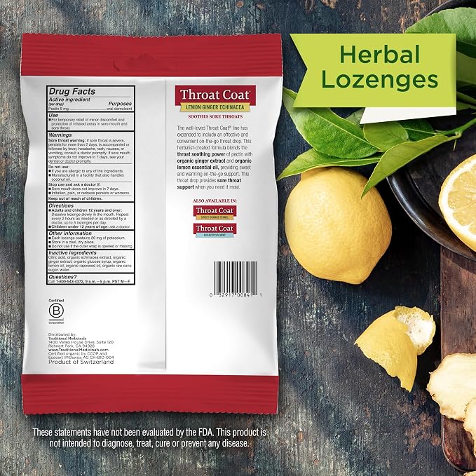 Traditional Medicinals Lozenges, Organic Throat Coat Lemon Ginger Echinacea, Sore Throat Support, 30 Individually Wrapped Lozenges (Pack of 2)