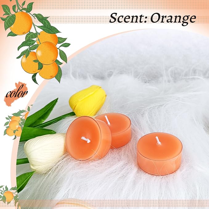 Citrus Scented Tealight Candles, Orange Scent Tea Lights Candles Clear Cup, 24 Pack Colored Tealights Candle, 6 Hour Burn Time Tea Candles for Party, Decor, Spa, Shabbat