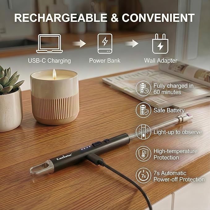 Castelar Electric Candle Lighter with Long Flexible Neck, USB Rechargeable Arc Lighter with Safety Lock for Candle, BBQ, Camping, Housewarming, and Birthday Gifts