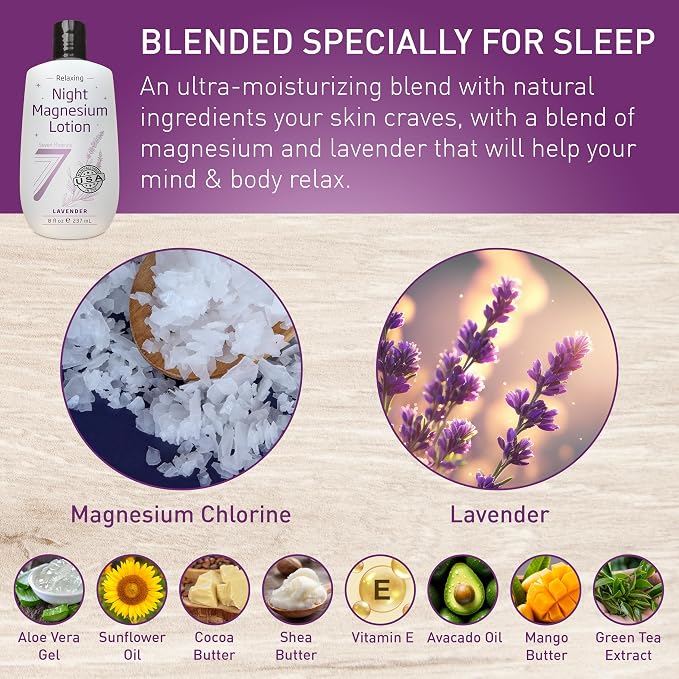 Seven Minerals Magnesium Lotion for Sleep - Lavender Relaxing Night Blend - Highly Concentrated Magnesium for Better Sleep, Body & Mind Relaxation. Non-Greasy Skin Friendly - 8 fl oz