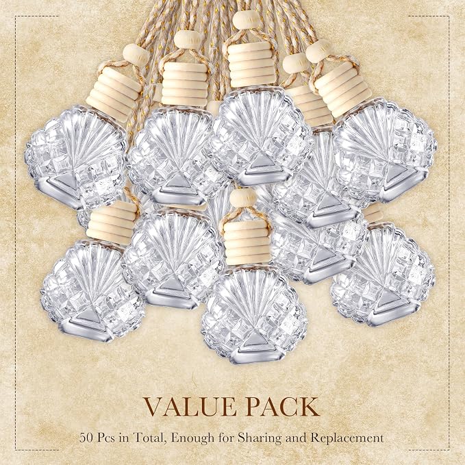 BBTO 50 Pcs Hanging Car Air Freshener Car Diffuser Bottles Empty Glass Perfume Bottle Freshener Diffuser Bottle Pendant for Essential Oil Fragrance Aromatherapy Ornament(Shell)