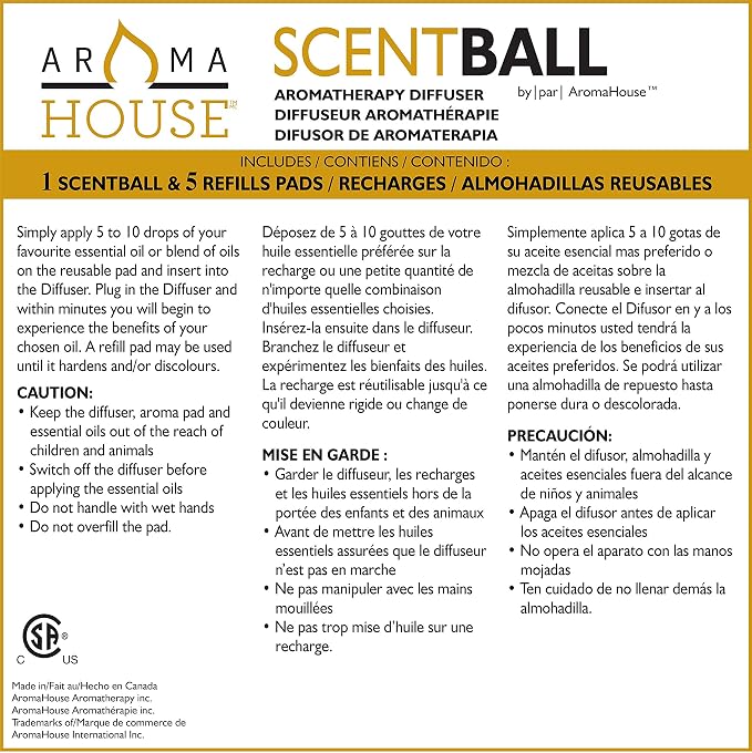 AromaHouse Scentball Plug-in Waterless & Cordless Aromatherapy Diffuser (White) with 5 Refill Pads, 1 Count