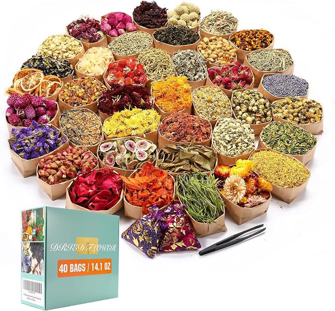 40 Bags Natural Dried Flowers Kit, Natural Dried Herbs with 2 Mesh Drawstring Bag for Soap,Candle,Resin Jewelry Making,Bath,Nail - Rose Petals,Rosebuds,Lilium,Jasmine,Don't Forget Me and More