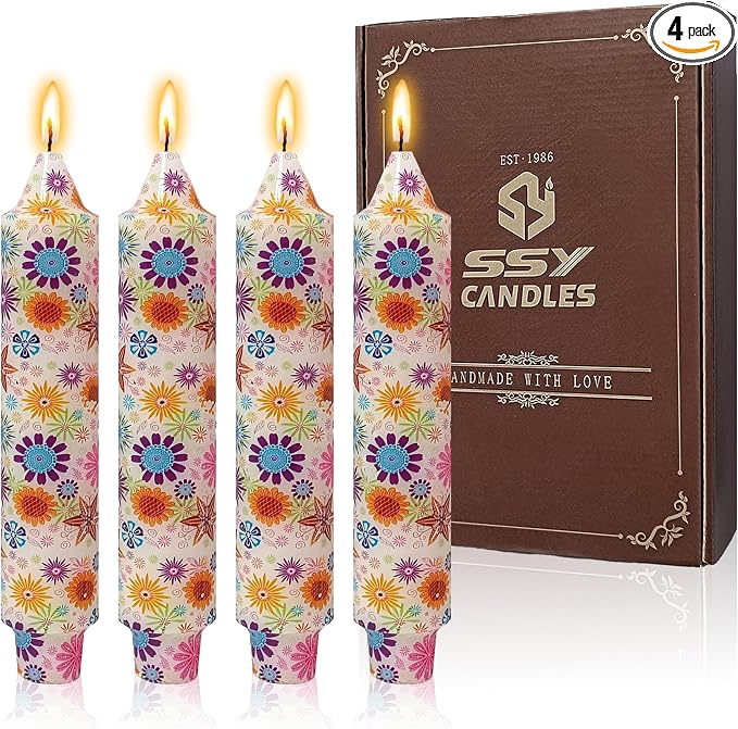 7 inch Short Candle Floral Candle Sticks Printed Candlestick Handmade Unscented Taper Candle 4 Pack Sunflower Tapered Candles for Home Dinner Wedding Holiday