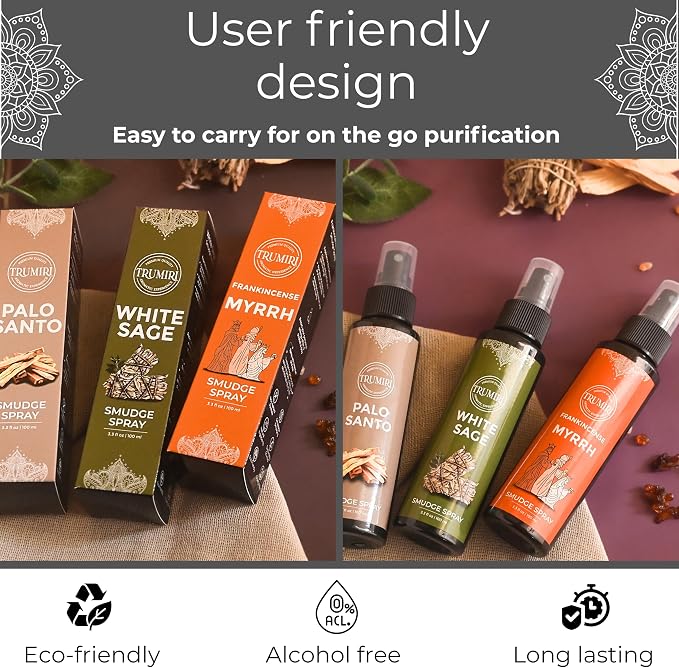 Set of 3 Smudge Sprays White Sage|Palo Santo|Frankincense Myrrh for Spiritual Cleansing of Negative Energy and Protection - Natural Room Sprays and Body Mists Made with Non Toxic Essential Oils