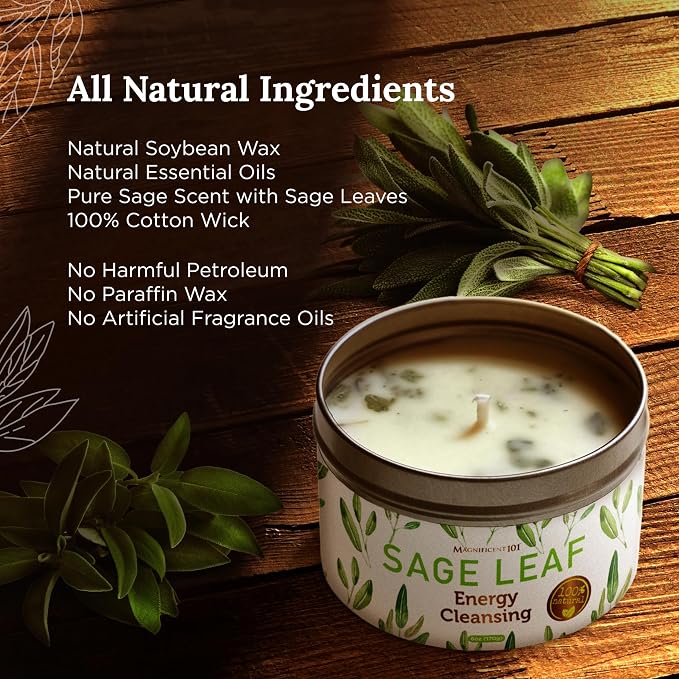 Magnificent 101 Long Lasting Pure White Sage Leaf Scented Smudge Candle | 6 Oz - 35 Hour Burn | Paraffin Free Soy Candle for House Energy Cleansing, Purification & Manifestation