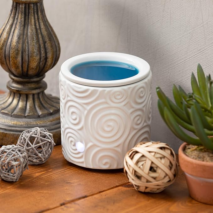 White Swirl Ceramic Candle Warmer Electric with Safety Timer | Automatic Plug in Fragrance Warmer for Scented Wax Melts, Cubes, Tarts | Air Freshener Set for Home Décor, Office, and Gifts
