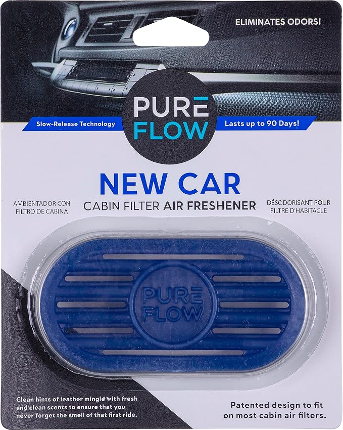 PUREFLOW Cabin Filter Air Freshener with Odor Eliminator – Fits on Most Car, Truck, and SUV Cabin Air Filters - New Car (1 Pack)