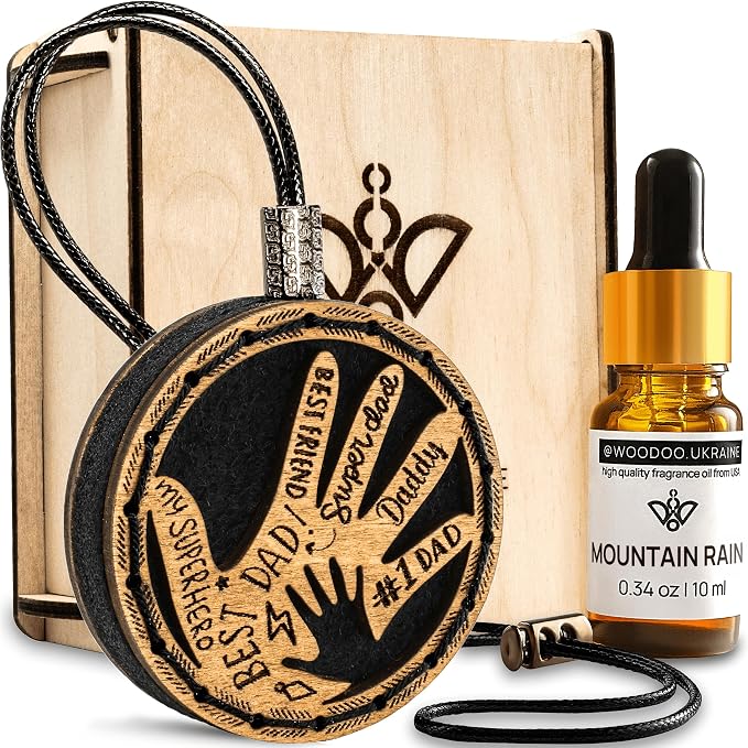 Handmade Wood Car Air Freshener — Father’s Hands Designed Refillable Essential Oil Diffuser — Long Lasting Mountain Rain Fragrance Oil 10 ml — Car Accessories Gift Box