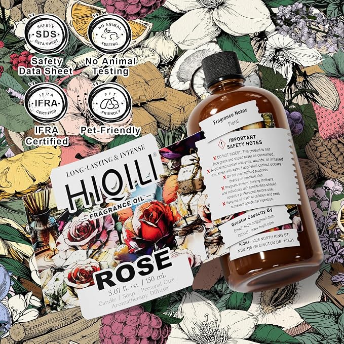 HIQILI Rose Fragrance Oil for Candle & Soap Making, Essential Oil Diffuser, Floral Scents, Add to Laundry Dryer Balls - 5.07 Fl Oz