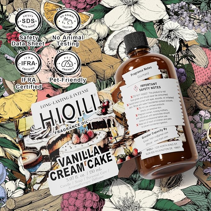 HIQILI Vanilla Cream Cake Fragrance Oil for Diffusers, Candle & Soap Making, Add to Aromatic Air Freshener Spray, Premium Grade - 5.07 Fl Oz