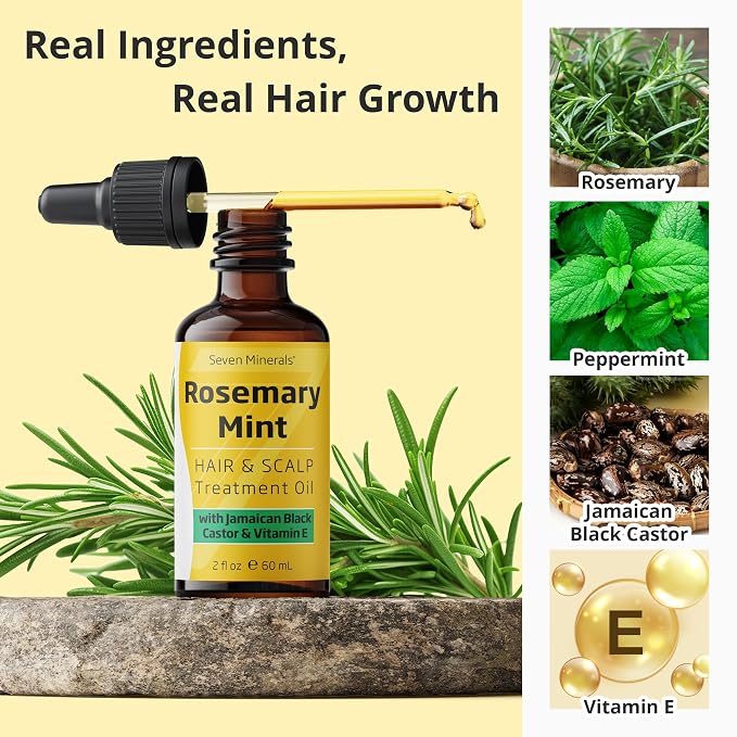 Seven Minerals, NEW Rosemary Oil for Hair Growth, Infused with Jamaican Black Castor Oil, Vitamin E, Mint & Natural Hair Strengthening Oils, Thicker, Longer, Softer Hair for Men & Women (2 fl oz)