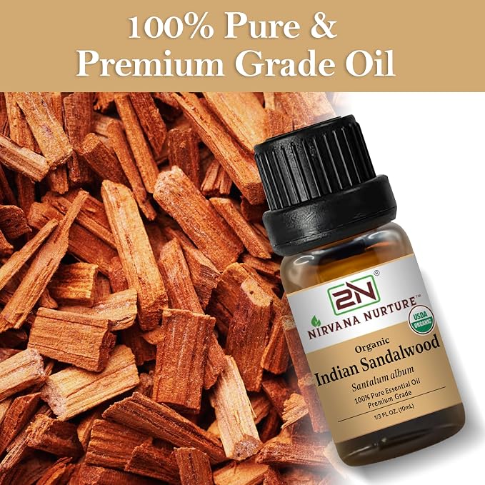 Indian Sandalwood Essential Oil, USDA Certified Organic, 100% Pure Undiluted, Aromatherapy Oil for Diffuser, Hair & Skin Care