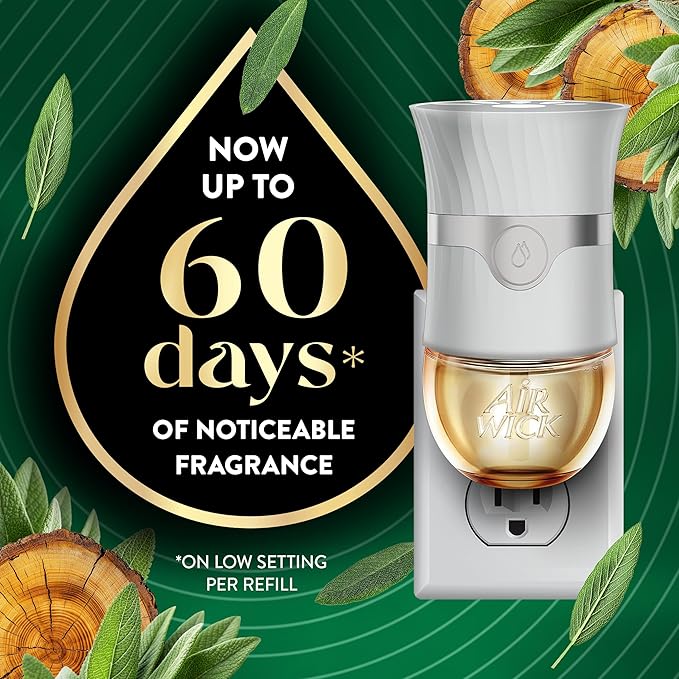 Air Wick Vibrant Plug In Scented Oil Warmer + Refills, Infused with Essential Oils, Plug In Air Fresheners for Home, White Sage & Mahogany, Gadget + 3 ct