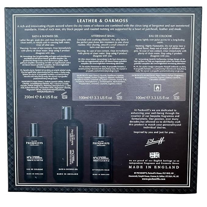 Pecksniff's Fragrance Gift Sets Luxurious, Handcrafted in England (Men's Leather & Oakmoss: Eau de Cologne, 3-in-1 Bath & Shower Gel, After Shave Balm)