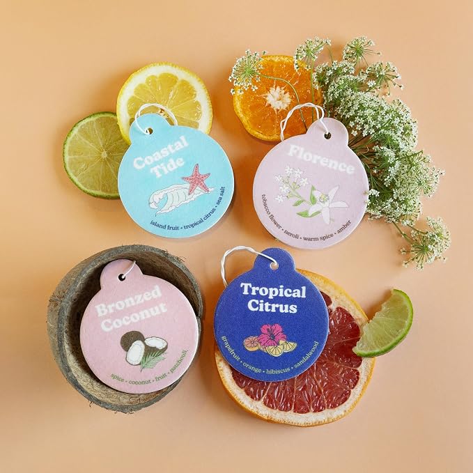 Happy Wax Summer Mix Car Charms 4-Pack Included Scents: Coastal Tide, Bronzed Coconut, Tropical Citrus, Florence