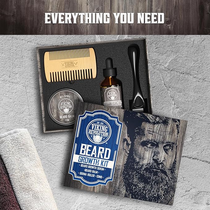 Beard Growth Kit - Oil, Balm, Serum, Derma Roller & Wooden Comb for Beard & Mustache Growth