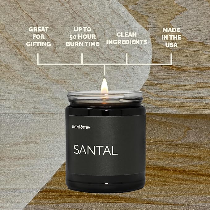 Premium Soy Wax Candle | Highly Scented Black Glass Jar Candles | Long Lasting, Clean Burn | 8 oz | Gifts for Man and Woman | Made in USA (Santal)