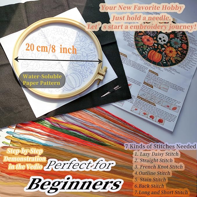 FONNUY Halloween Embroidery Kits for Beginners,Skull Pumpkin Spider Web Floral Stamped Cross Stitch Kit for Adults, Spooky Season Boho Wall Decor, 8'' Hoop (Skull 2)