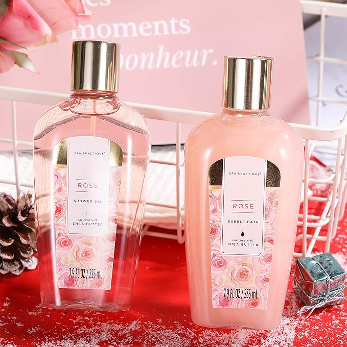 Spa Luxetique Spa Gift Set, Bath Gift Set for Women, 10 Pcs Rose Bath Set, Pink Tote Gift Bag with Shower Gel, Bubble Bath, Body Lotion, Hand Cream, Christmas Beauty Gifts for Women