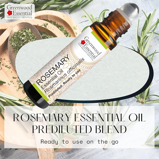 Greenwood Essential Rosemary Essential Oil (Rosmarinus officinalis) Pre Diluted Ready to Use Roll-on Blend for Aromatherapy and Topical Skin Application for Kids and Adults 10ml (0.33 oz)