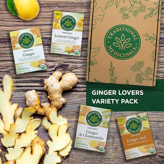 Traditional Medicinals Organic Ginger Tea Variety Pack Promoting Digestion & Nausea Support, 64 Tea Bags (4 Pack)