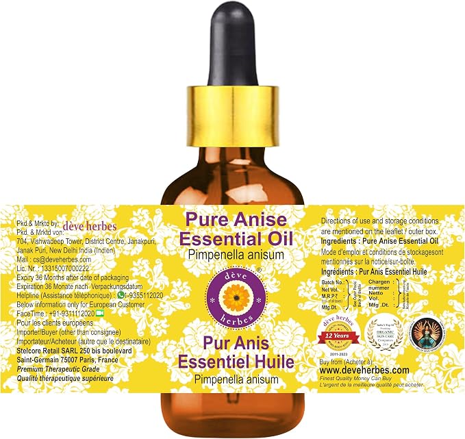 dève herbes Anise Essential Oil (Pimpinella anisum) with Glass Dropper | Pure | Non-Sticky | Non-Greasy | Lightweight | Men & Women | All Skin Types | Steam Distilled 30ml (1 oz)