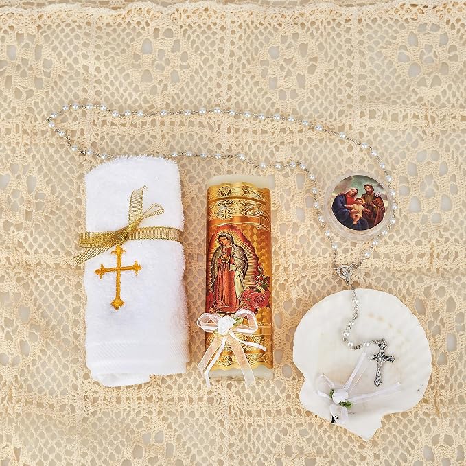 Catholic Baptism Candle Set for Boys and Girls - Includes Virgen de Guadalupe Candle, Towel, Rosary and Shell