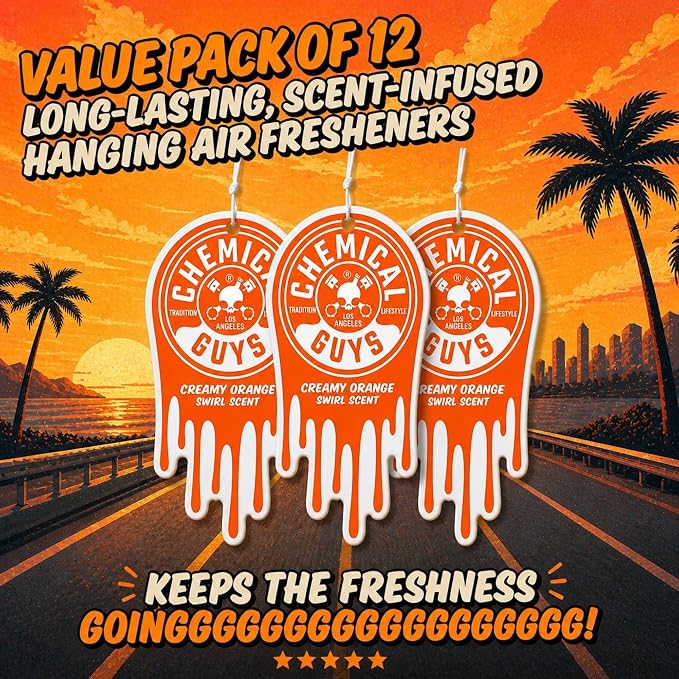 Chemical Guys Hanging Car Air Freshener 3-Pack, Creamy Orange Swirl Premium Sweet Citrus & Smooth Creamy Vanilla Fragrance, Rearview Mirror Paper Fresheners for Cars, Trucks & SUVs