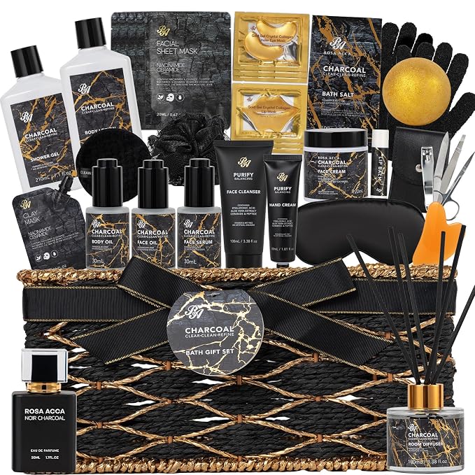 35 Pcs Charcoal Bath & Body Gift Basket for Women & Men, Mother's Day Gifts, Face Skin Care Kit, Home Spa Basket Gift, Self-Care Gift, Bath Bomb, Birthday, Christmas, Anniversary, Valentines, Wife
