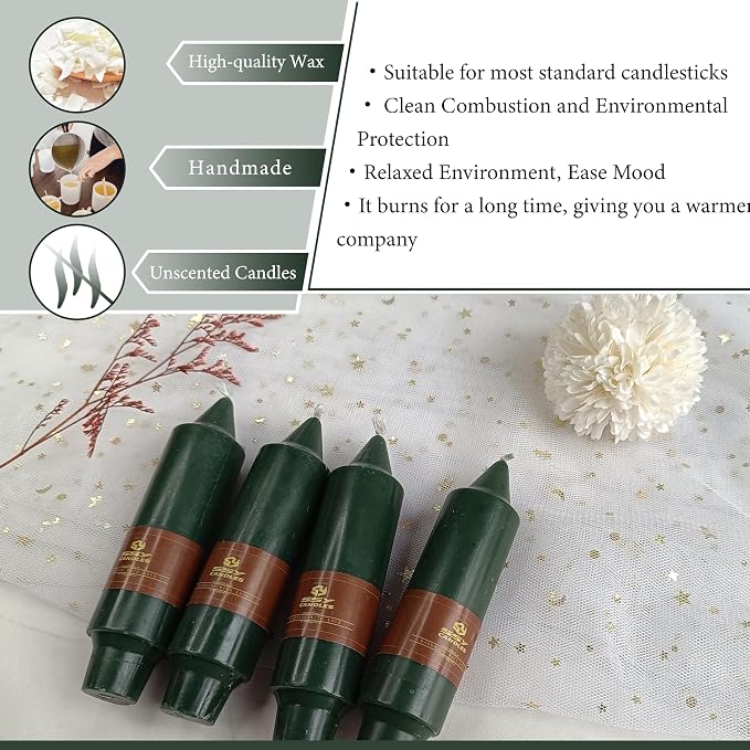 Hunter Green Taper Candles Unscented Tapered Candlesticks 5 Inch Dinner Candle 4 PCS Smokeless Candle for Christmas Household Wedding Home Decor