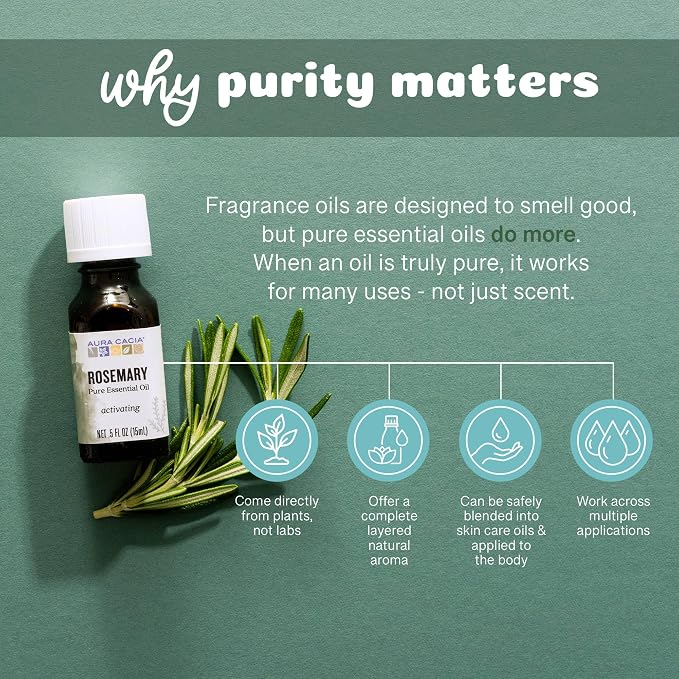 Aura Cacia Rosemary Essential Oil, Pure Rosmarinus Officinalis Oil, Aromatherapy for Skincare, Massage, Hair Care, DIY Blends | 0.5 Fl Oz (Pack of 1)