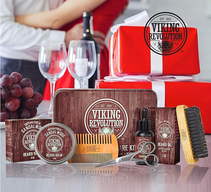 Viking Revolution Ultimate Grooming Kit for Men - Boar Brush, Wood Comb, Sandalwood Balm & Oil, Scissors for Beard & Mustache