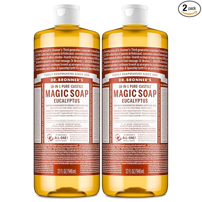 Dr. Bronner's Magic Soap - Pure-Castile Liquid Soap (Eucalyptus, 32 ounce, 2-Pack) -Regenerative Organic Certified Oils, 18-in-1 Uses: Body, Hair, Laundry, Pets & Dishes, Concentrated, Vegan, Non-GMO