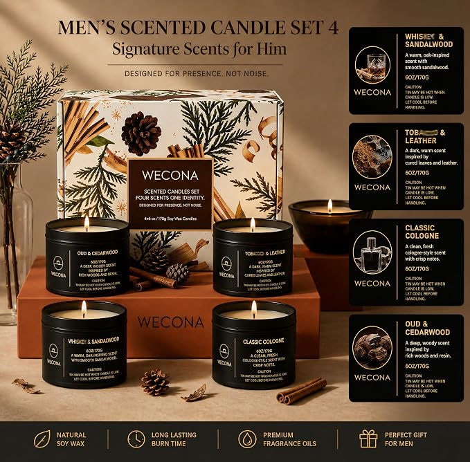 Men’s Scented Candles Set – Candle Set for Gift, Sandalwood, Mens Women Candles Gift Set, Scented Candles for Men Women, Candles for Home Scented, Luxury Candle Pack Gifts for Men Women