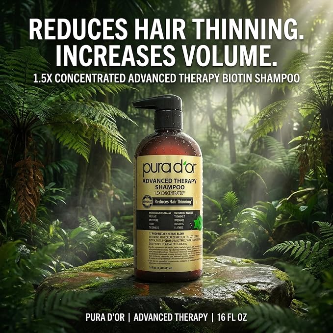 PURA D'OR Advanced Therapy Shampoo Reduces Hair Thinning & Increases Volume, No SLS, Biotin Shampoo Infused w/Argan Oil, Aloe Vera for All Hair Types, Men & Women, Invigorating Forest Scent 16 Fl Oz