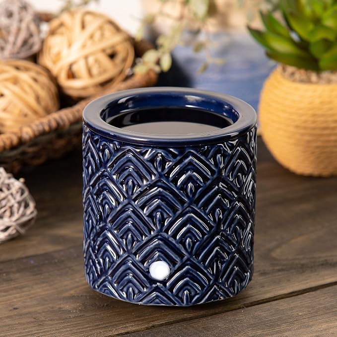 Blue Chevron Ceramic Candle Warmer Electric with Safety Timer | Automatic Plug in Fragrance Warmer for Scented Wax Melts, Cubes, Tarts | Air Freshener Set for Home Décor, Office, and Gifts