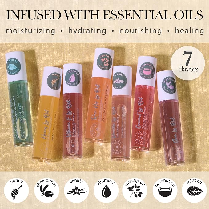 EXPRESSIONS 7pc Natural High Shine Tinted Lip Oil Set – Hydrating Roll-On Rollerball Lip Oils Infused with Essential Oils | Vitamin Enriched Lip Glow Oil for Women – Glossy & Nourishing