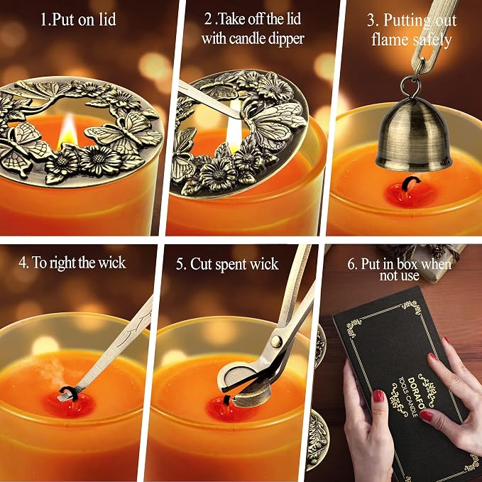 5 Pieces Candle Care Kit with Gift Box, Including Wick Trimmer、Candle Snuffer、2 Candle Toppers and Wick Dipper, Antique Brass Accessories Set for Candle Maintenance & Decoration (Antique Brass)