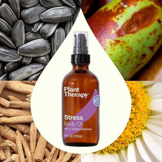 Plant Therapy Stress Body Oil with Ashwagandha 4 oz, Aromatherapy, Stress Relief, Relaxing Massage Oil
