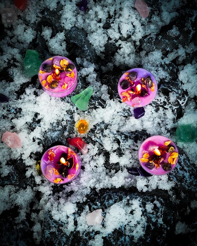 Tealight Soy Candles with Crystals and Herbs, Handmade Energy, Healing Crystal Soy Candles, Aromatherapy Candles. (Purple)